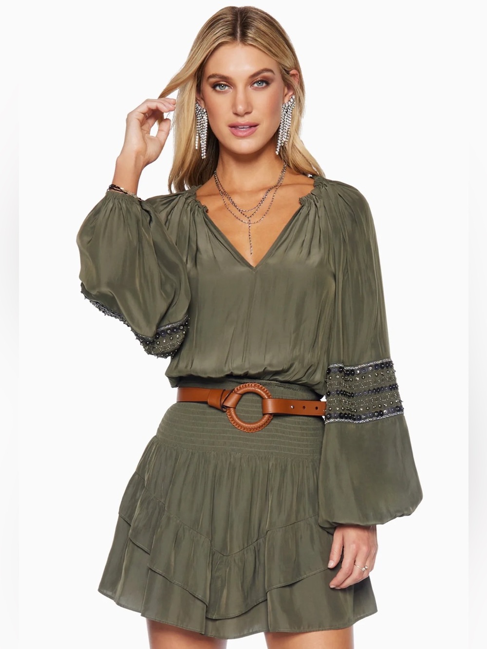 Ramy Brook Ralphie Ruffle Mini Dress In Olive Green Size Small